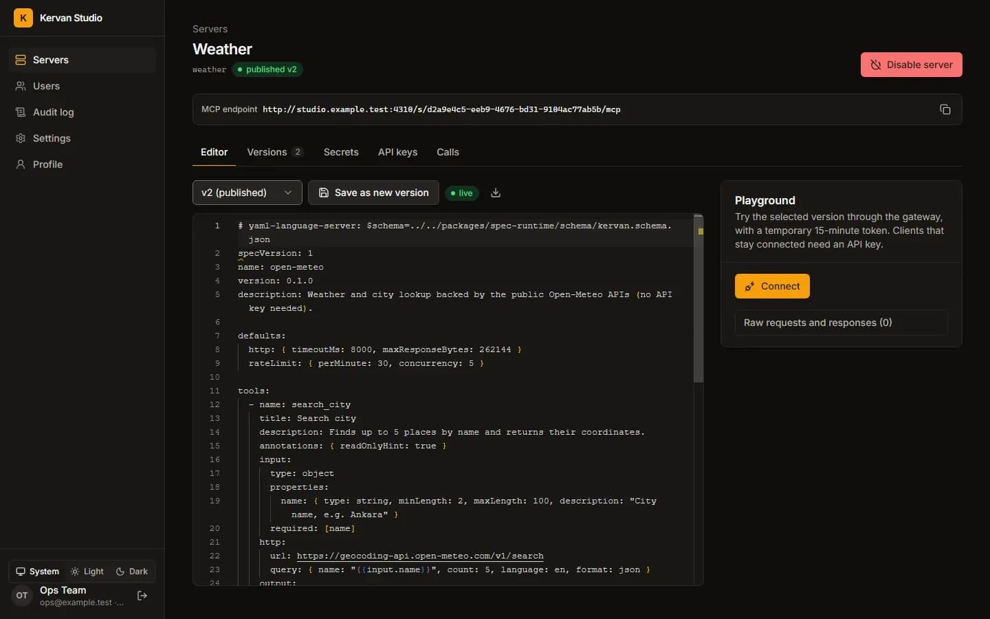 Kervan Studio editor with a kervan.yaml spec open